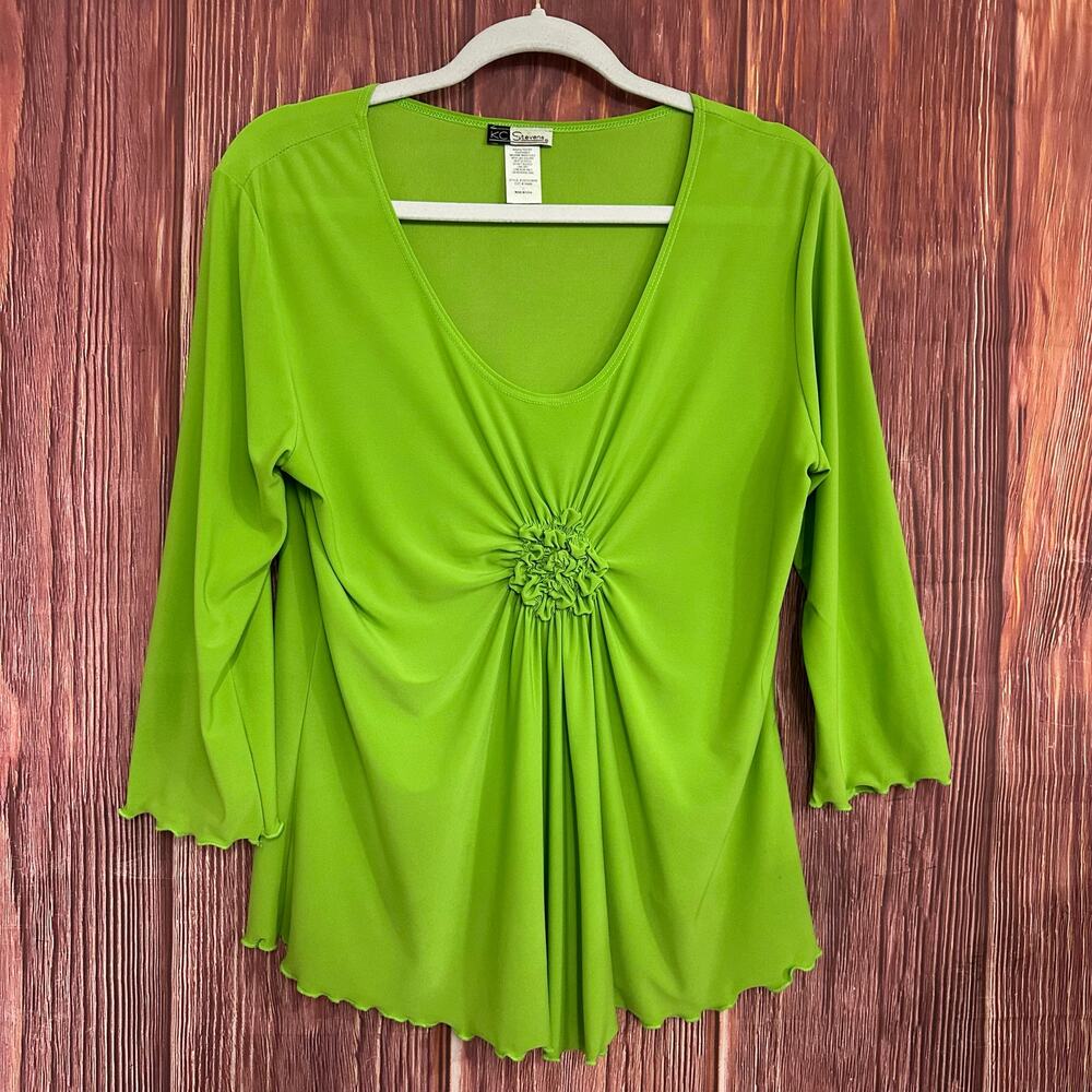 Y2K 90s KC Stevens Lime Green Top Slinky Knit Womens Size Large Made in USA